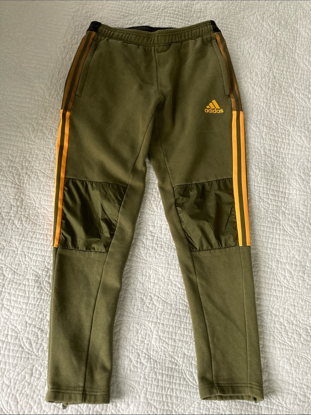 adidas Olive Green Soccer Joggers with Gold Stripes men’s medium